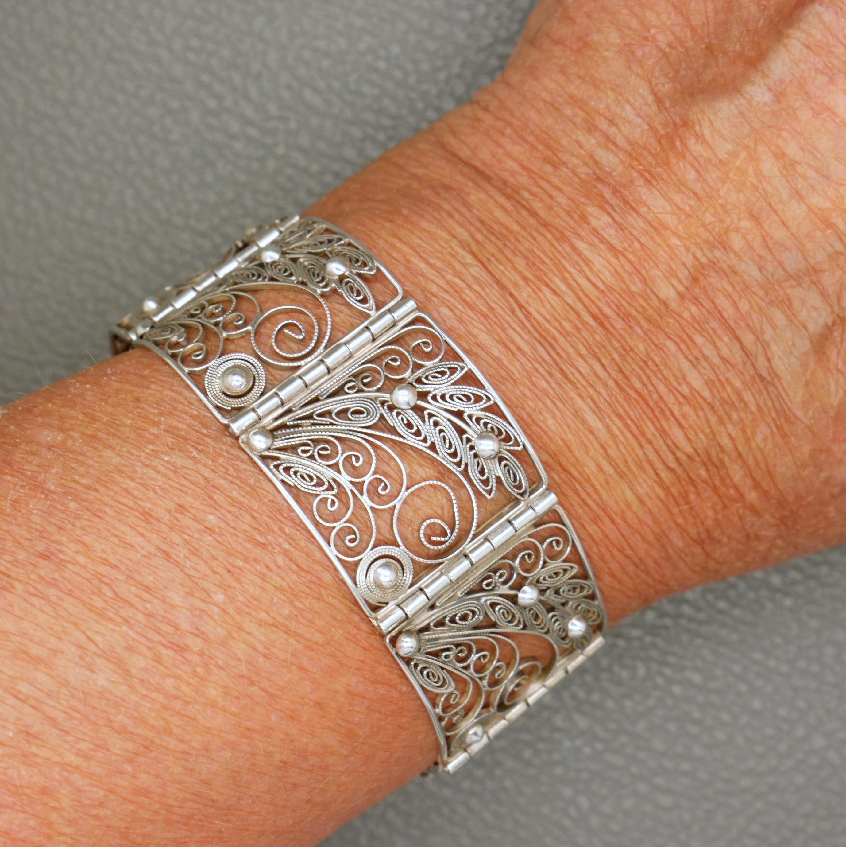 Vintage 835 Silver Filigree Bracelet: Wide Floral Panel, 1960s