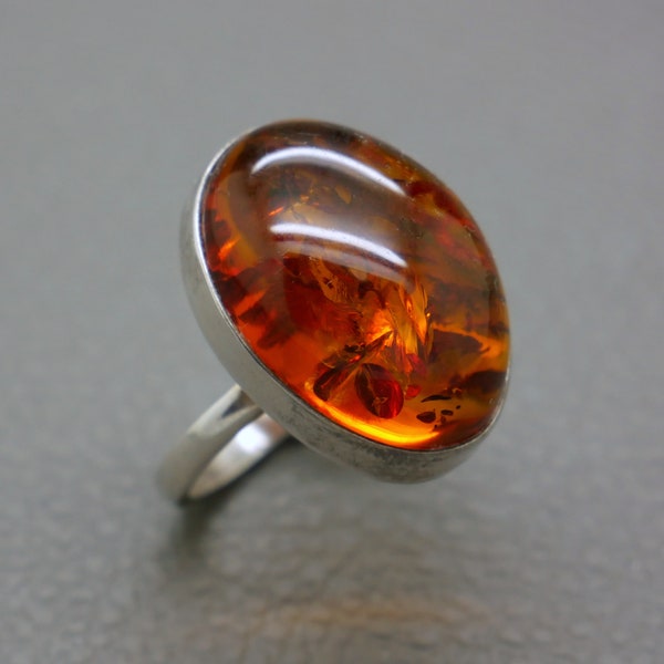 XL Amber stone ring, sterling silver statement ring, natural Baltic amber stone, artisan hand crafted vintage jewelry