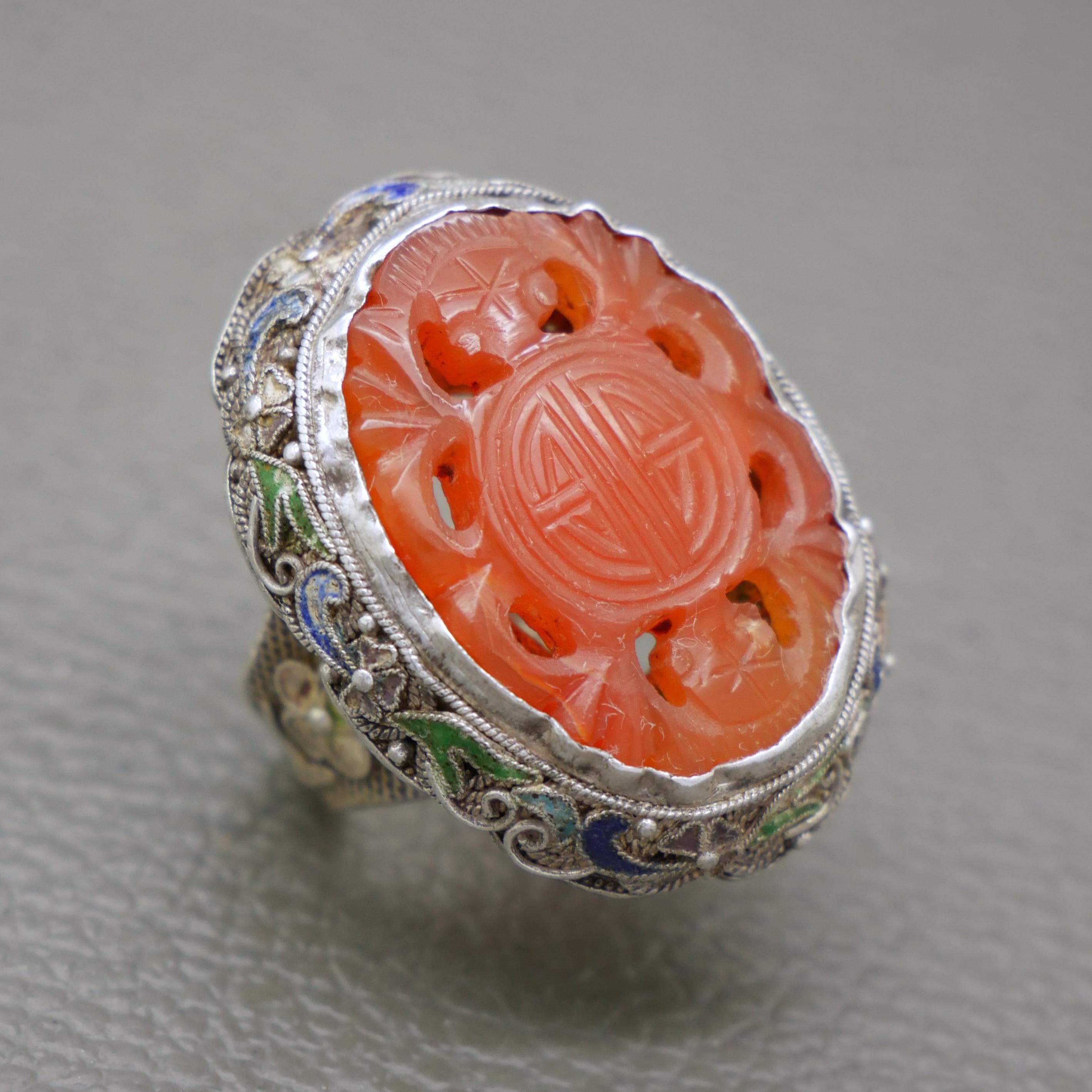 Chinese Export Ring Size 7 - Carved Carnelian & Sterling Chinese Export Ring Size 7 - Carved Carnelian & Sterling