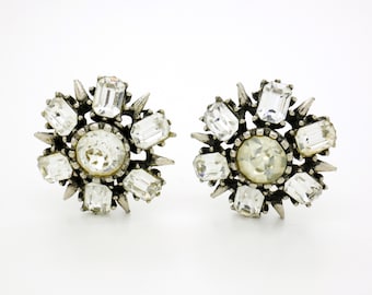 Jewelcraft Designer Oorbellen, Strass Crystal Clip op oorbellen, Cluster Oorclips Kostuum Sieraden Mid Century Vintage Fifties Bridal