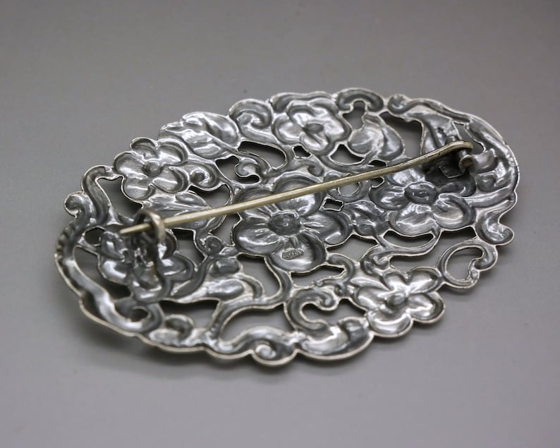 Openwork Flower Ornament Victorian Edwardian Dutch Heritage Jewelry Hallmarked 835 Silver Large Oval Pin Antique Silver Brooch
