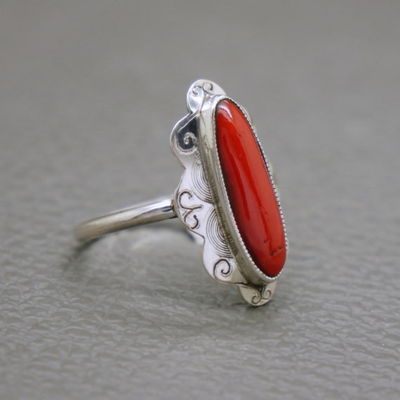 Vintage Red Coral & 835 Silver Ring, Genuine Medi… - image 4