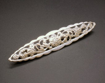 Antique 835 Silver Bar Brooch: Victorian Style Oval Floral Pin