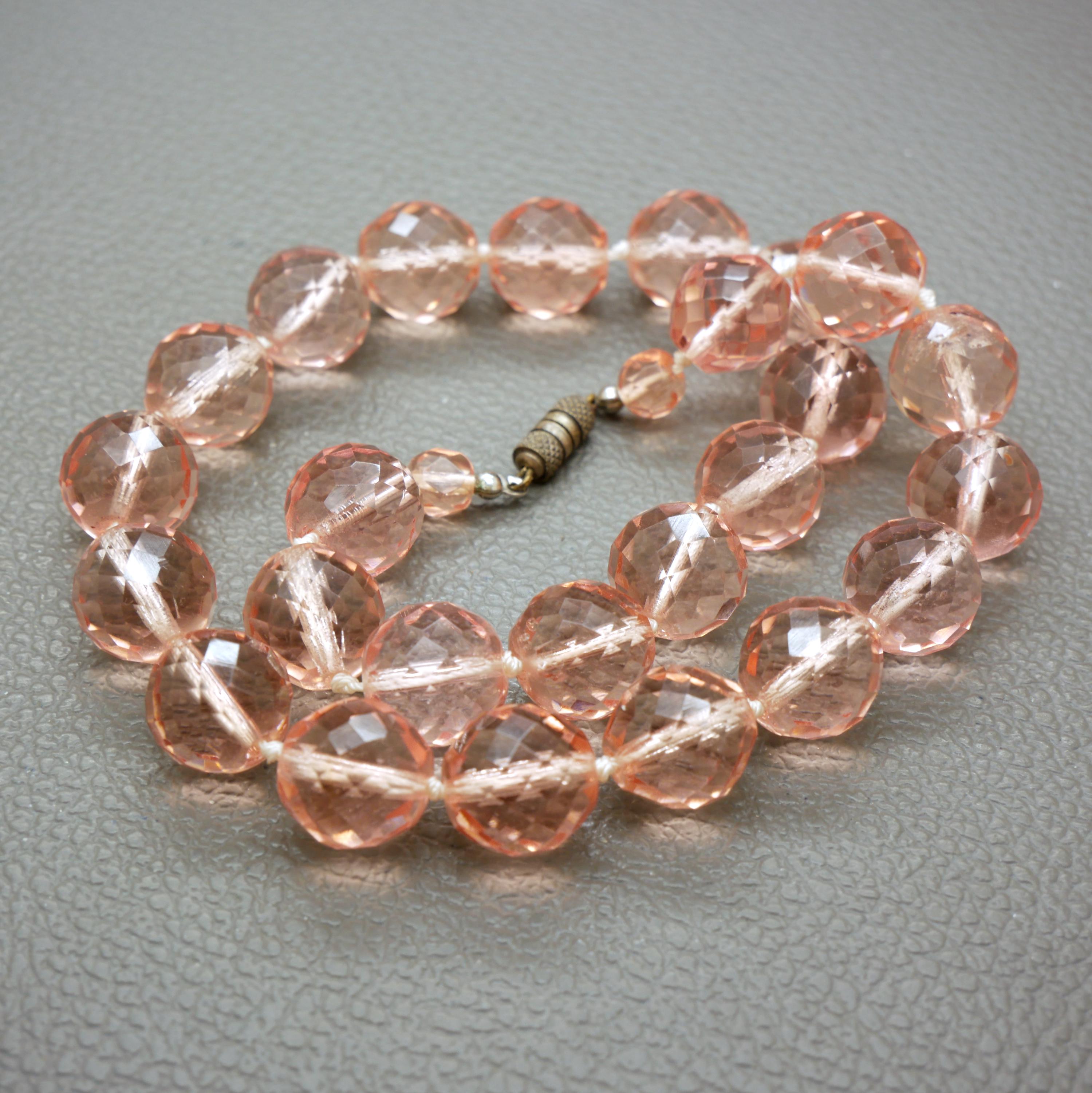 1970s Vintage Rose Pink Crystal Necklace, Faceted Beads, Hand Knotted…