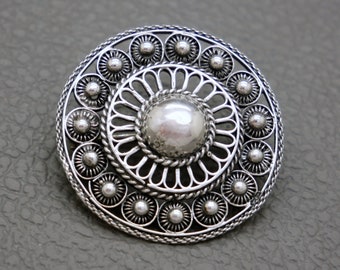 Broche de botón holandés vintage D3.1cm, alfiler de filigrana de plata 835 hecho a mano, joyería tradicional holandesa - KW5