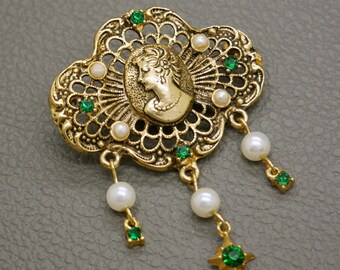 Vintage Gilt Brass Cameo Brooch: Faux Pearl & Green Crystal Renaissance Revival Costume Jewelry