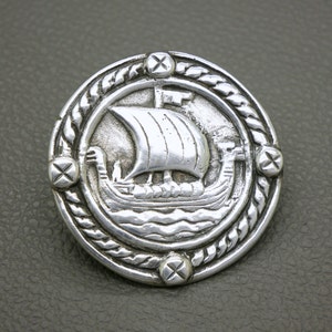 Large Vintage 830 Silver Viking Ship Brooch with Celtic Ornament - Norwegian 1930s-1940s Maritime Jewelry, 2 Inch Diameter, 32.4 Grams