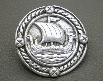 Large 830 Silver Viking Ship Brooch: 1940s Vintage Norwegian Jewelry, D5cm