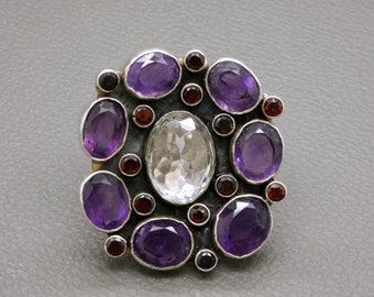 Massive Silver Ring, Amethyst, Rock Crystal & Garnet in Sterling Silver, Brutalist Design hand crafted artisan jewelry, Healing Gemstones