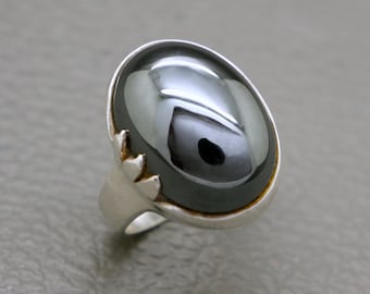 Vintage sterlingsilverring med hematit, storlek 6 - smycken i bohemisk design från 1970-talet - KW5