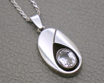 Vintage Rock Crystal Sterling Silver Pendant, 1980's Finnish Modernist Design, Optional Chain