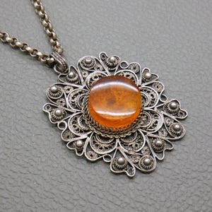 Antique Silver Filigree Pendant, 800 silver and natural amber stone, Arts & Crafts jewelry, optional 23" antique chatelaine chain