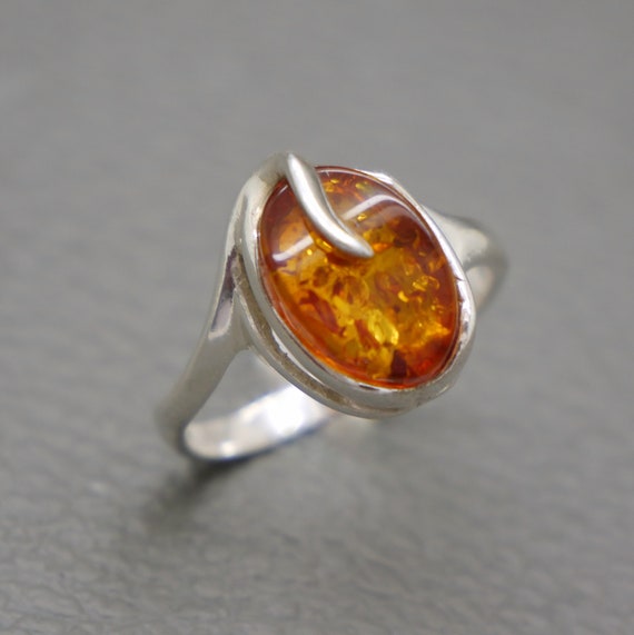 Bague Ancienne En Argent 925 Et Ambre De La Baltique - Taille 56 - Poinçonnée