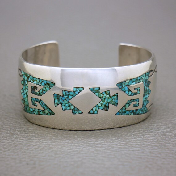 Vintage Solid Silver Open Cuff Bracelet: Turquois… - image 7