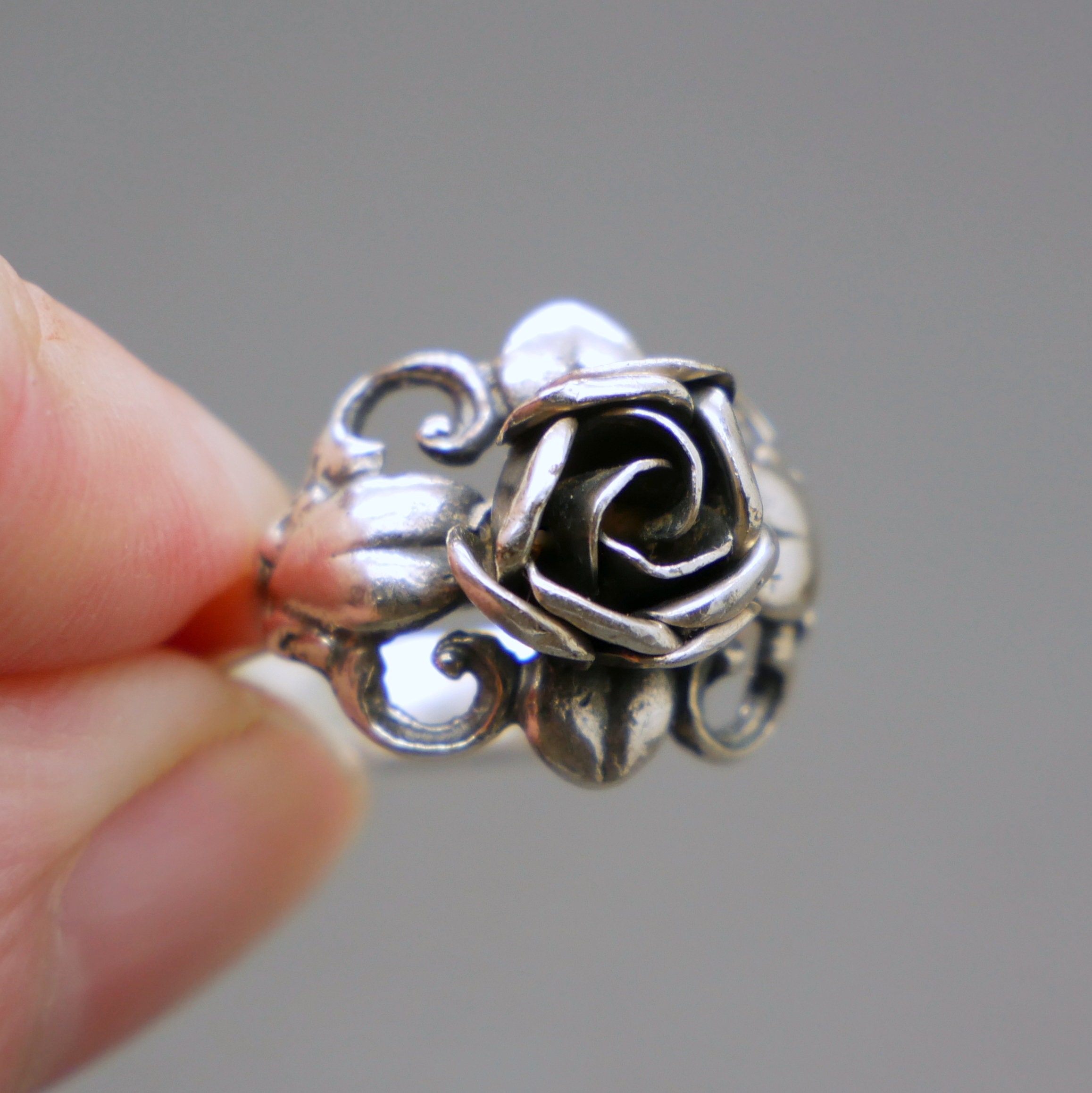 Theodor Klotz TEKA Sterling Silver Rose Flower Ring - German Mid