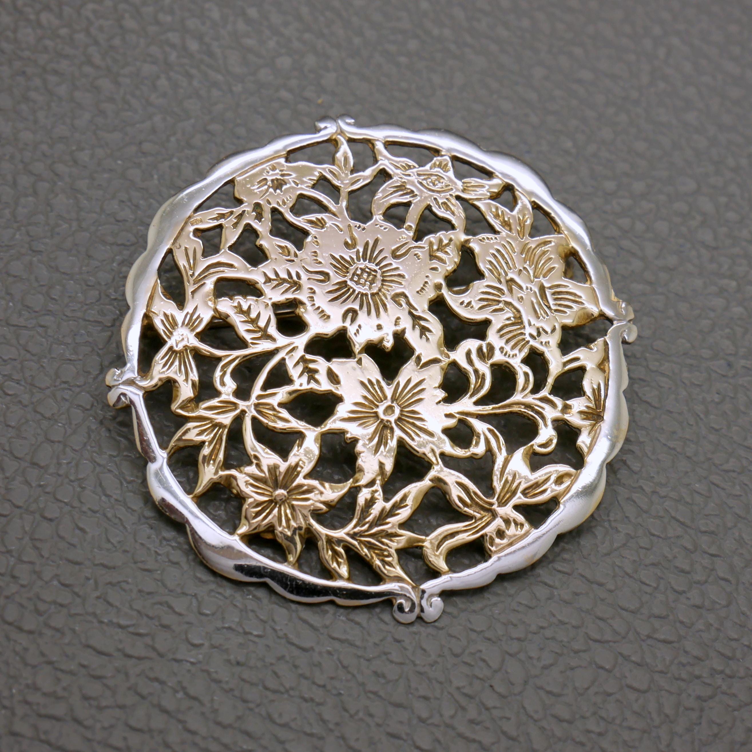 Broche Ancienne En Argent Sterling Massif - Motif Floral Ajouré Style Victorien, Bel état
