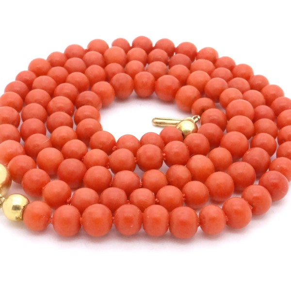 Antique Red Coral & 14K Gold Necklace 24 Grams - Natural Coral Necklace 23 Inch Long - Genuine Mediterranean Salmon Red Coral Beads 5.5 mm