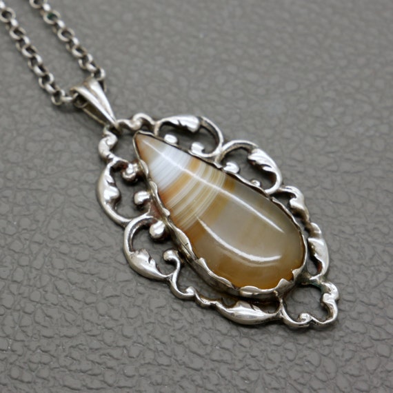 Antique 835 Silver & Striped Agate Pendant with O… - image 2