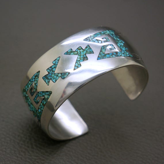 Vintage Solid Silver Open Cuff Bracelet: Turquois… - image 3