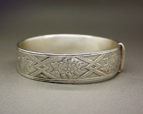 Etched Sterling Silver Bracelet, Hinged Cuff Brac… - image 6