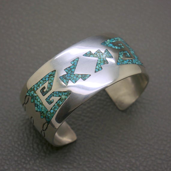 Vintage Solid Silver Open Cuff Bracelet: Turquois… - image 12