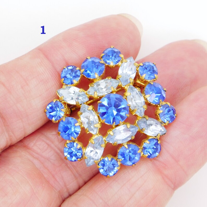 Sapphire Blue Strass Crystal Pin Blue Glass Rhinestone Brooch Vintage Wedding Something Blue 1950s 1960s Mid Century Costume Jewelry