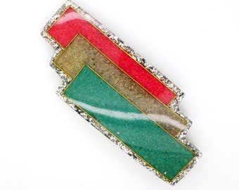 Geometric Design Brooch L8cm, Green Brown Red Large Lucite Pin, Early Plastic Artisan Designed Costume Jewelry