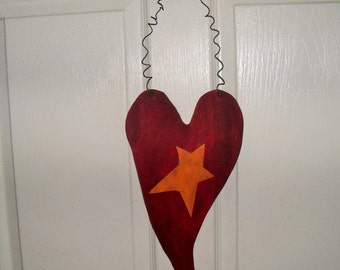 Valentine's Day, Primitive Heart Door Hanger, Primitive Wood Sign, Rustic Heart, Heart and Star, Wood Door Hanger, Country Heart, Star