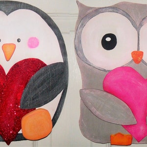 Valentine's Day Door Hanger, Valentine Birds, Valentine Sign, Penguin, Owl, Love Birds, Valentine Decoration image 1