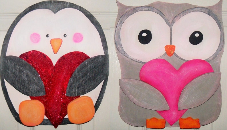 Valentine's Day Door Hanger, Valentine Birds, Valentine Sign, Penguin, Owl, Love Birds, Valentine Decoration image 1