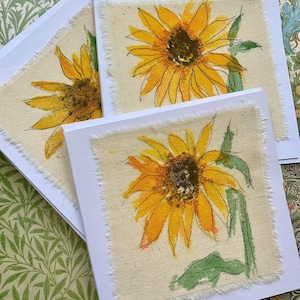 Cartões de felicitações de girassóis, tinta aquarela e costura à máquina, interior em branco