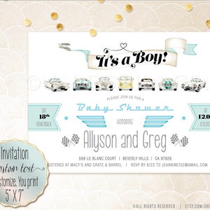 Car Baby Shower Invitation It's a Boy Beautiful Classic Cars Collector Unique Creative Illustration Party Printable Digital & Evite