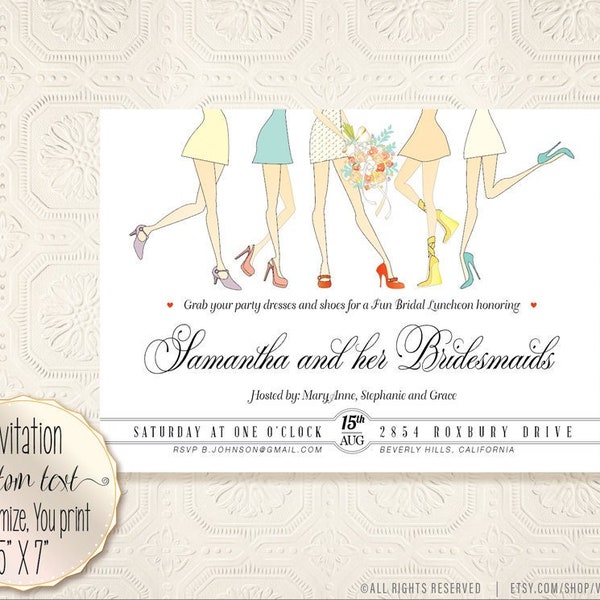 Douche nuptiale Déjeuner Brunch Dîner Demoiselles d’honneur Spa Invitation Mignon Fun GirlySexy Bride Legs WhoDoesn’tLuvShoes? Imprimable Digital & E-vite