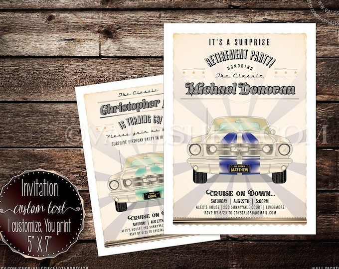 Retirement Party Invitation Vintage Mustang Classic Car Illustration or ...