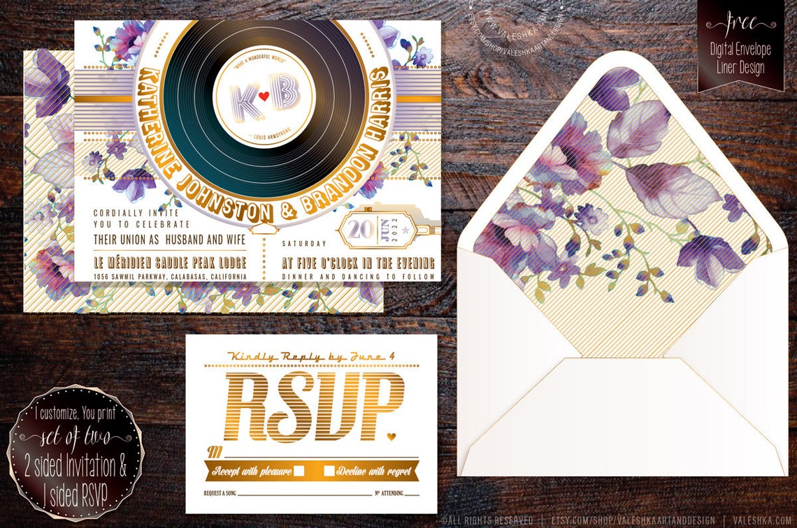 Vinyl Record Wedding Invitation RSVP Music Themed Retro Etsy