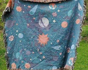 Celestial Woven Blanket • Blue Galaxy Throw Blanket • Space Wall Tapestry • Cotton Throw Blanket