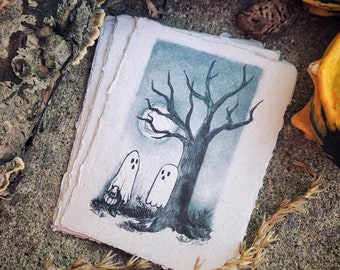 Ghost Art Print, Vintage Halloween Decor, Trick or Treat Ghosts, Cotton Rag Paper Print, Spooky Wall Art