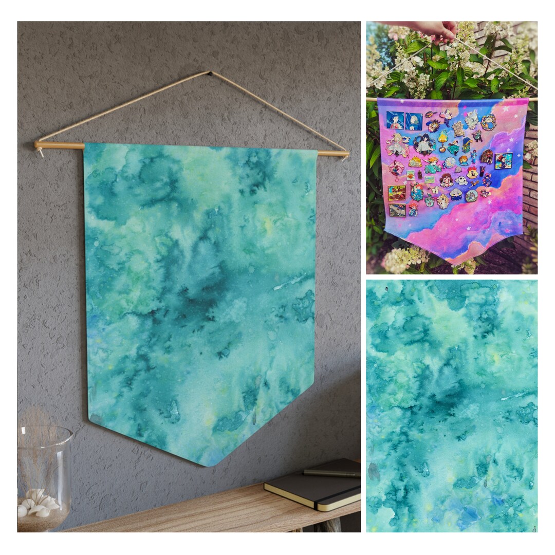 Teal Watercolor Big Pennant Hanging Wall Banner Large Enamel Pin ...