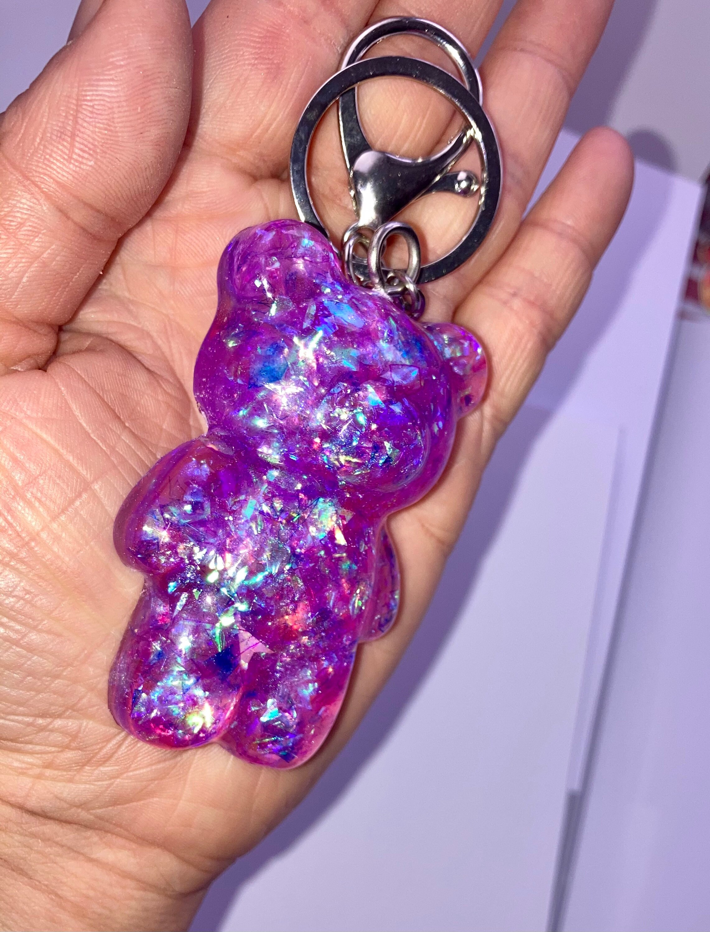 Purple resin teddy bear keyring with iridescent flakes | Etsy