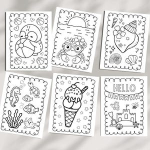 Summer coloring book to print at home for a kids activity. Pictures feature beach balls and penguins, crabs, seashells, fish, ice cream and other summer activities.