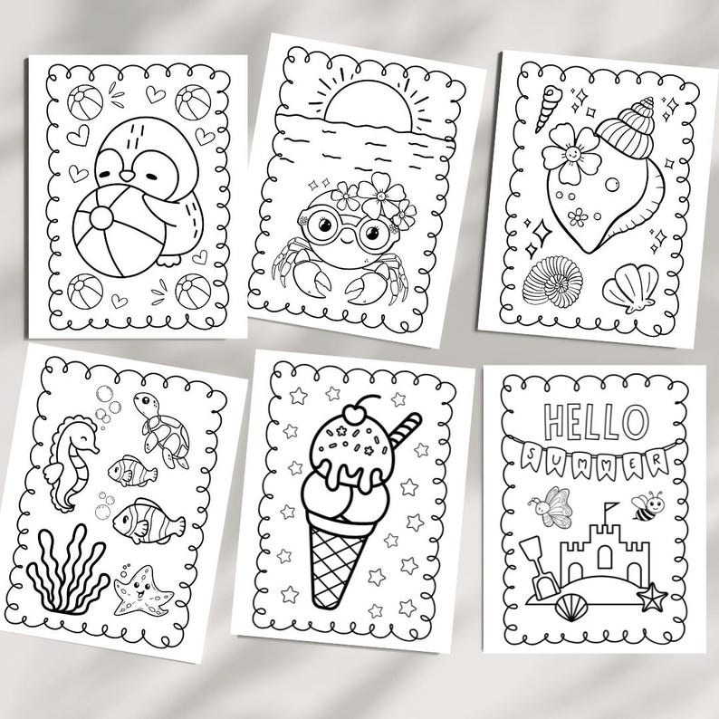 Summer coloring book to print at home for a kids activity. Pictures feature beach balls and penguins, crabs, seashells, fish, ice cream and other summer activities.