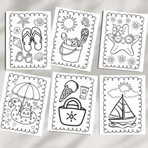 Summer coloring pages to print at home for a kids activity. Pictures feature beaches, sand, pools, ice cream and boats.