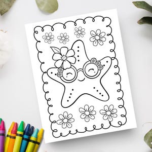 Cute coloring page for kids with a starfish for a summer coloring activity. Print at home coloring page for kids.