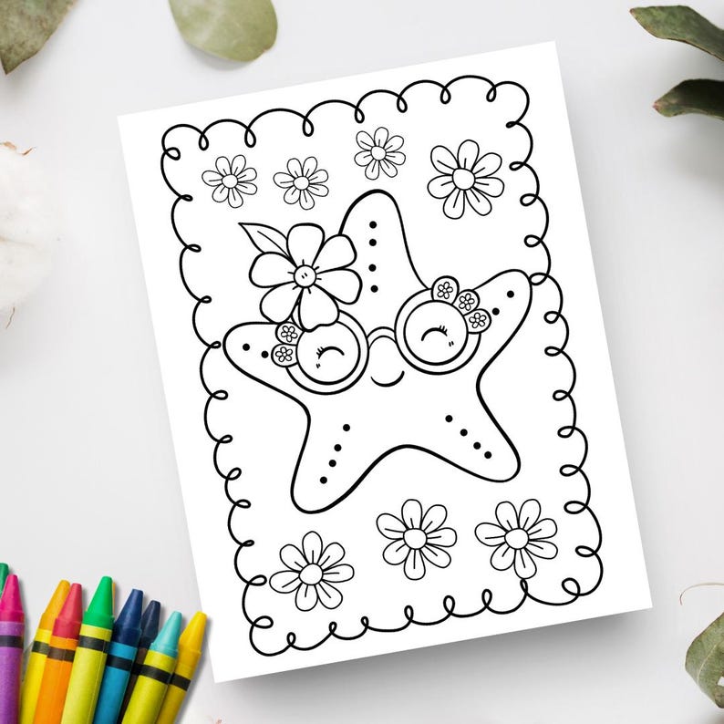 Cute coloring page for kids with a starfish for a summer coloring activity. Print at home coloring page for kids.
