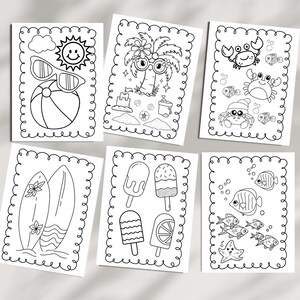 Summer coloring book to print at home for a kids activity. Pictures feature palm trees, beach balls, surf boards, popsicles, and ocean animals to color.