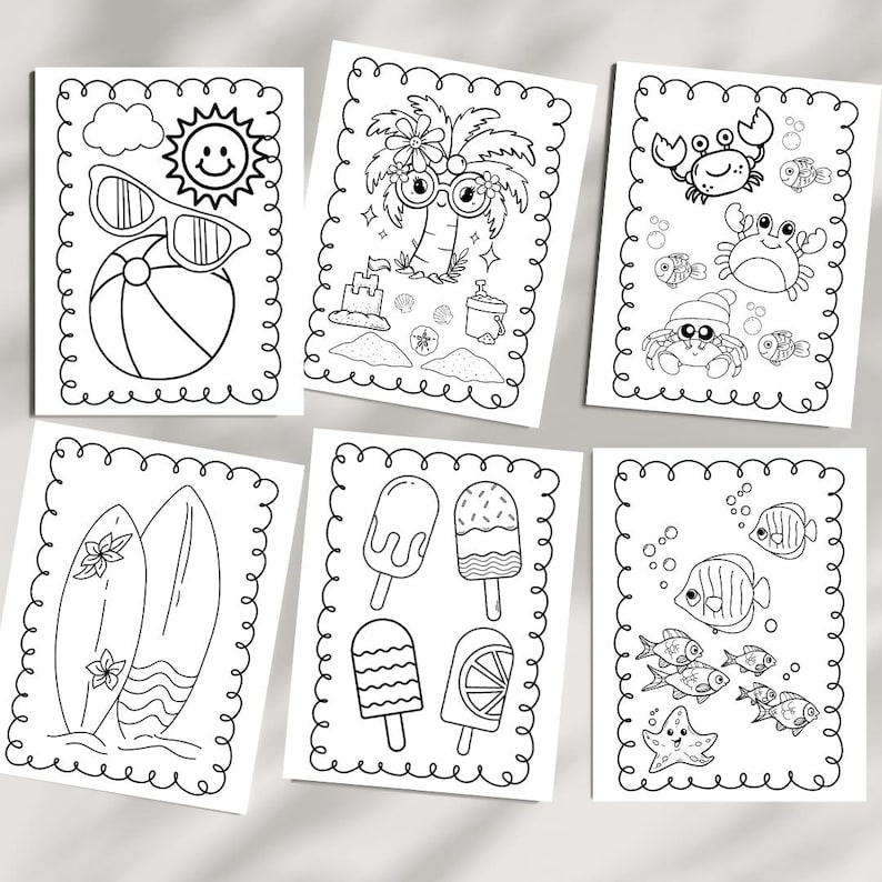 Summer coloring book to print at home for a kids activity. Pictures feature palm trees, beach balls, surf boards, popsicles, and ocean animals to color.