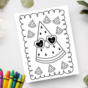 Cute coloring page for kids with a watermelon wearing sunglasses for a summer coloring activity. Print at home coloring page for kids.