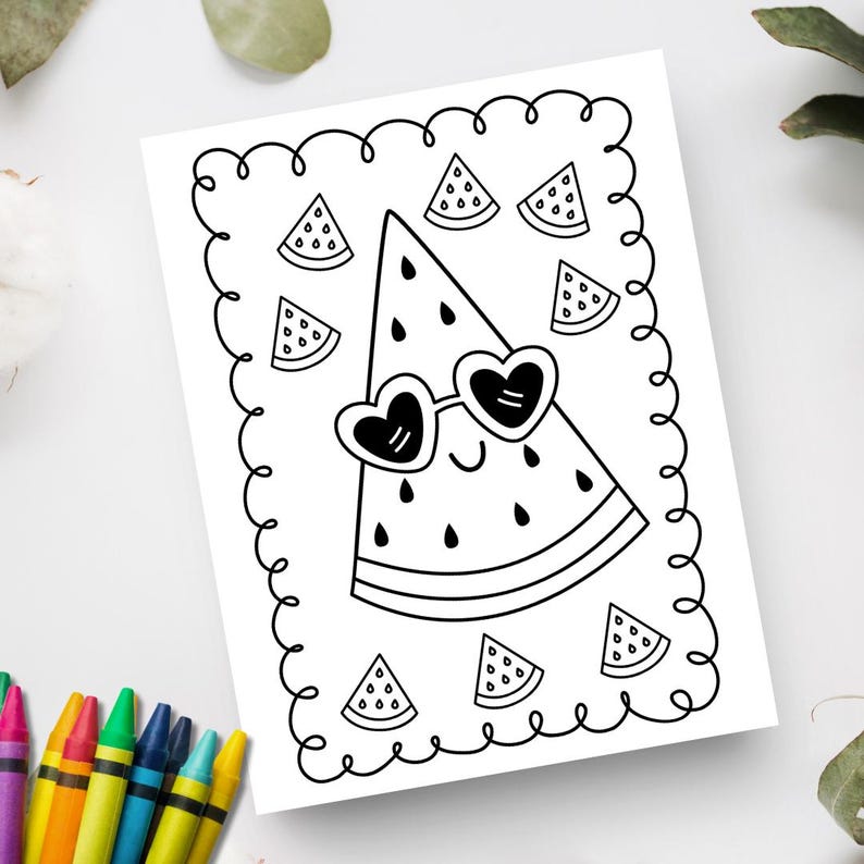 Cute coloring page for kids with a watermelon wearing sunglasses for a summer coloring activity. Print at home coloring page for kids.