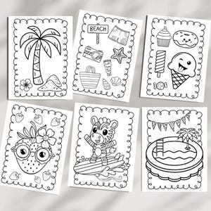 Summer coloring book to print at home for a kids activity. Pictures feature pools, strawberries, ice cream, surfing and trees