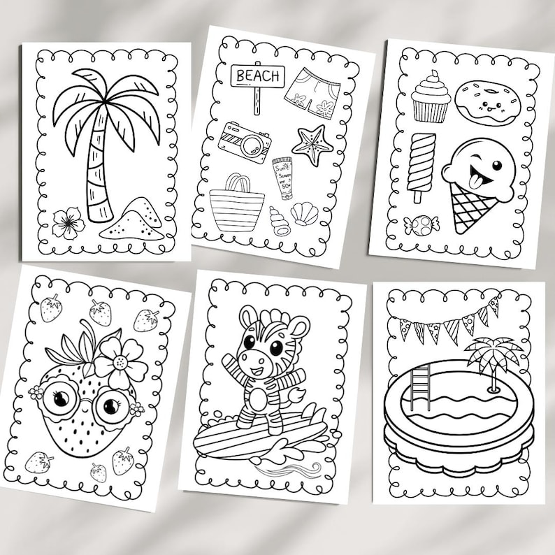 Summer coloring book to print at home for a kids activity. Pictures feature pools, strawberries, ice cream, surfing and trees
